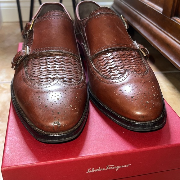 Salvatore Ferragamo Brown Woven Leather Double Monk Strap, Re-Soled, Size 10 - Picture 4 of 9